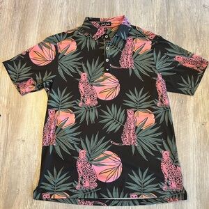 Bad Birdie Golf Polo Men’s Med Pink Cheetah Palm Print Stretch Performance Shirt